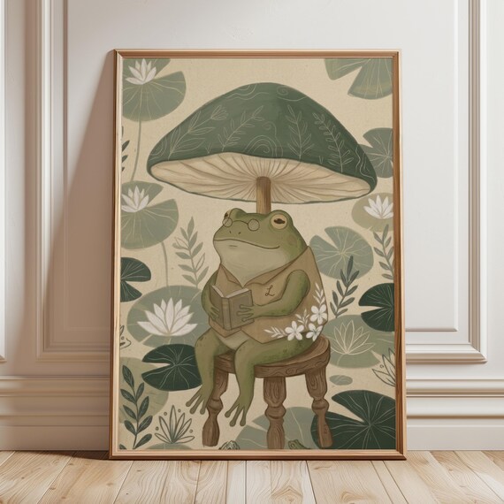 Frog Reading Book Under Giant Mushroom Cottagecore Cute Animal Wall Art
