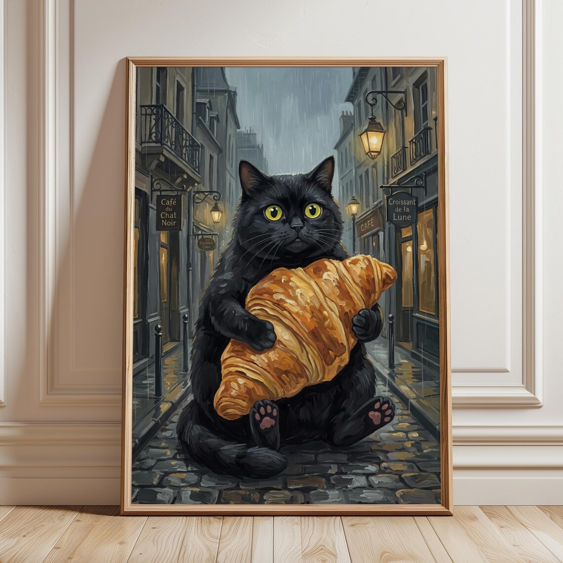Black Cat with Giant Croissant Rainy Paris Street Whimsical Poster