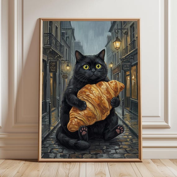 Black Cat With Giant Croissant Art Print Parisian Street Painting Whimsical Vintage Storybook Animal Wall Decor French Cafe Kitchen Poster