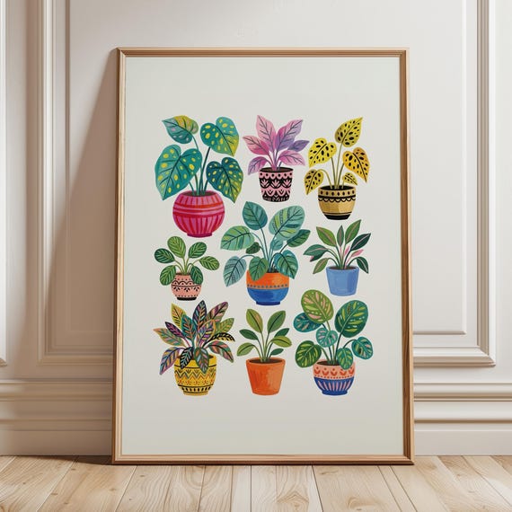 Colorful Houseplants Art Print Botanical Grid Poster Vibrant Plant Lover Gift Folk Nature Dopamine Decor Whimsical Boho Eclectic Painting