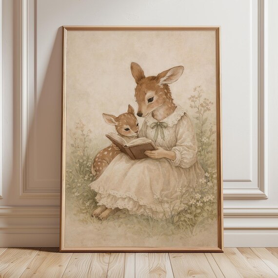 Mother Deer Reading To Fawn Nursery Print Woodland Storybook Decor Gift