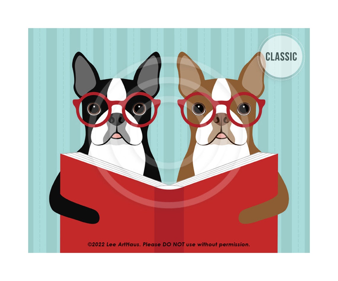 Two Boston Terriers Wearing Red Glasses Reading a Book Poster