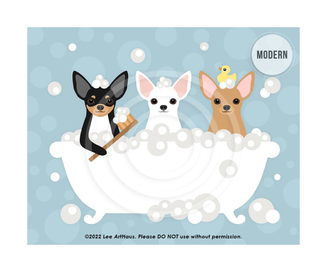Three Cute Chihuahuas Bubble Bath Tub Party Fun Bathroom Decor Poster