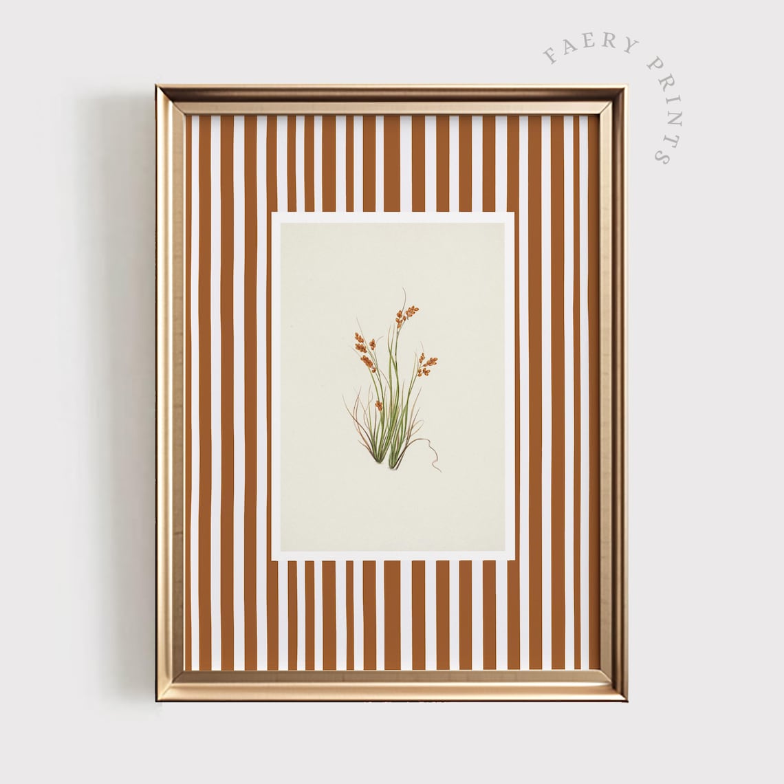 Vintage Floral Print with Neutral Stripe, Botanical Art Print