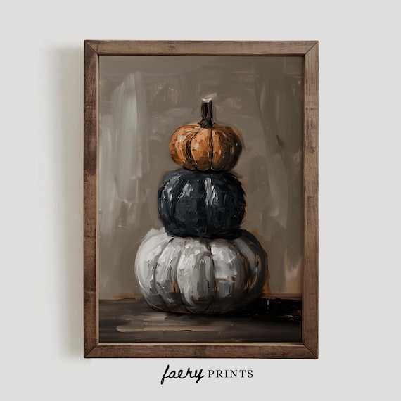 Stacked Pumpkins Orange Black and White Autumn Still Life Poster