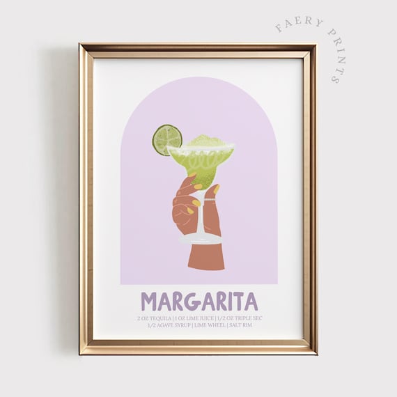 Margarita Cocktail Recipe Poster with Purple Arch and Lime Garnish Art