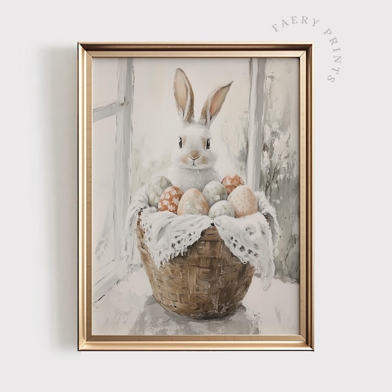 Easter Bunny Art Print, Vintage Farmhouse Decor