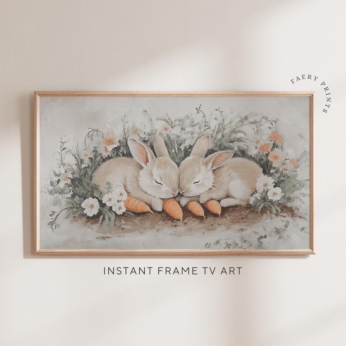 Sleeping Bunnies With Carrots Frame TV Art Vintage Spring Rabbit Poster