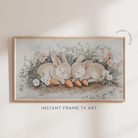 Sleeping Bunnies With Carrots Frame TV Art Vintage Spring Rabbit Poster