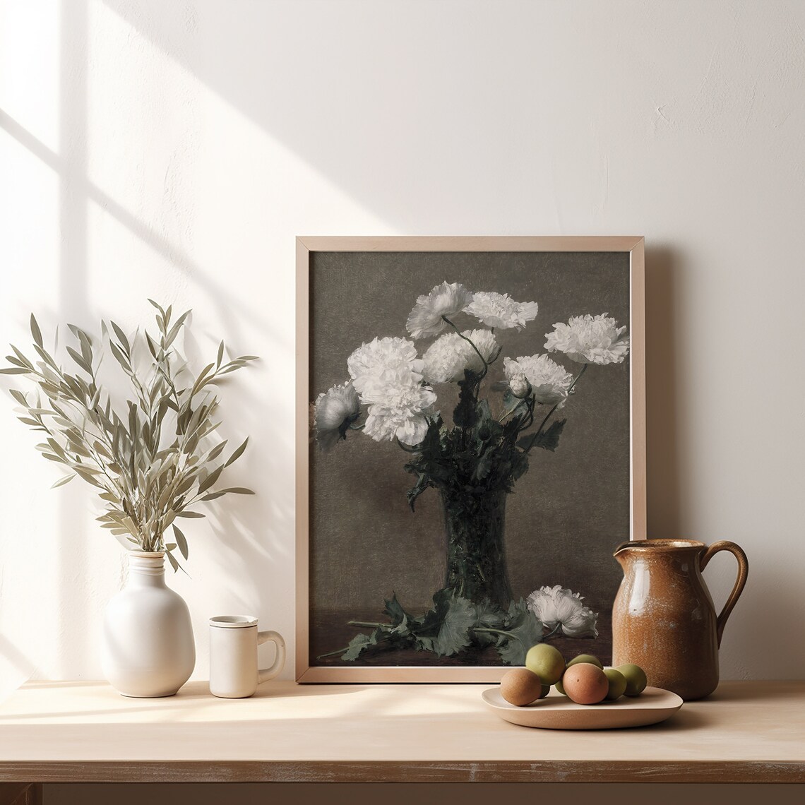 White Peonies in Glass Vase Dark Still Life Floral Oil Poster - Image 3