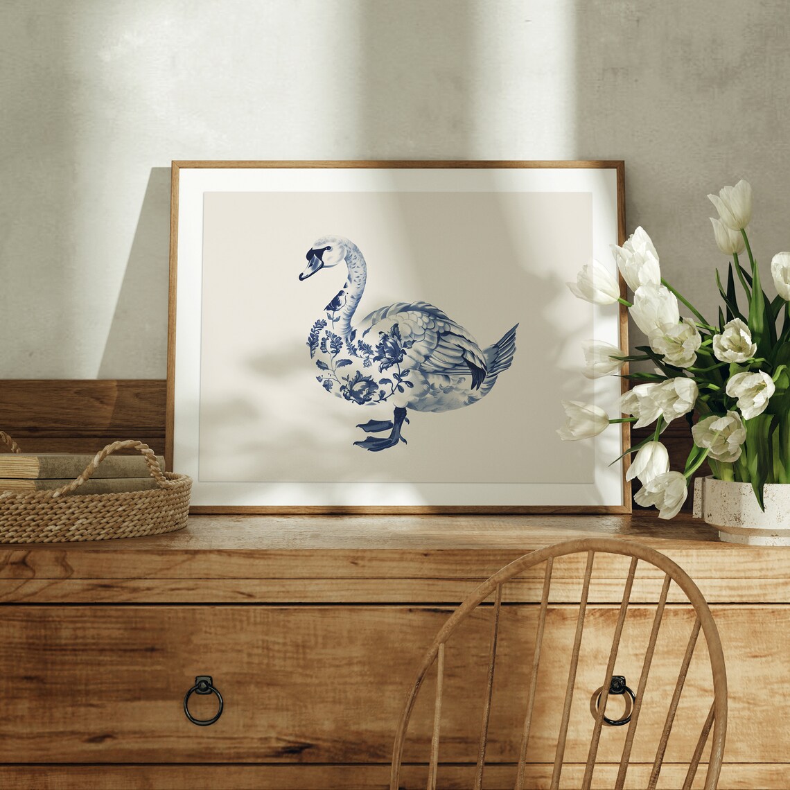 Blue White Chinoiserie Swan Delft Style Floral Garden Bird Poster - Image 3