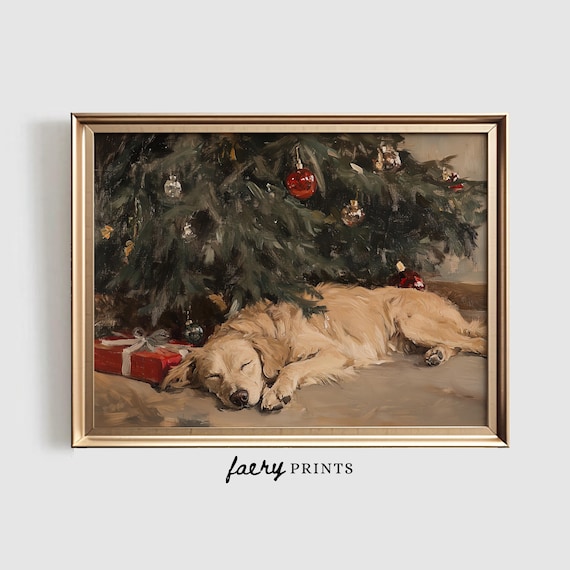 Sleeping Dog Christmas Print, Holiday Wall Art