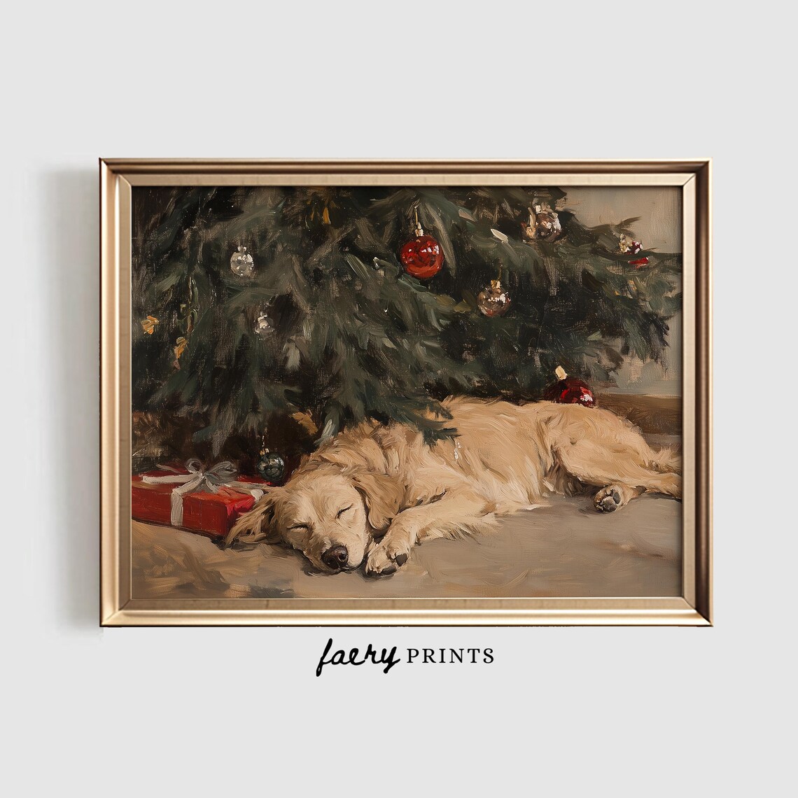 Sleeping Dog Christmas Print, Holiday Wall Art