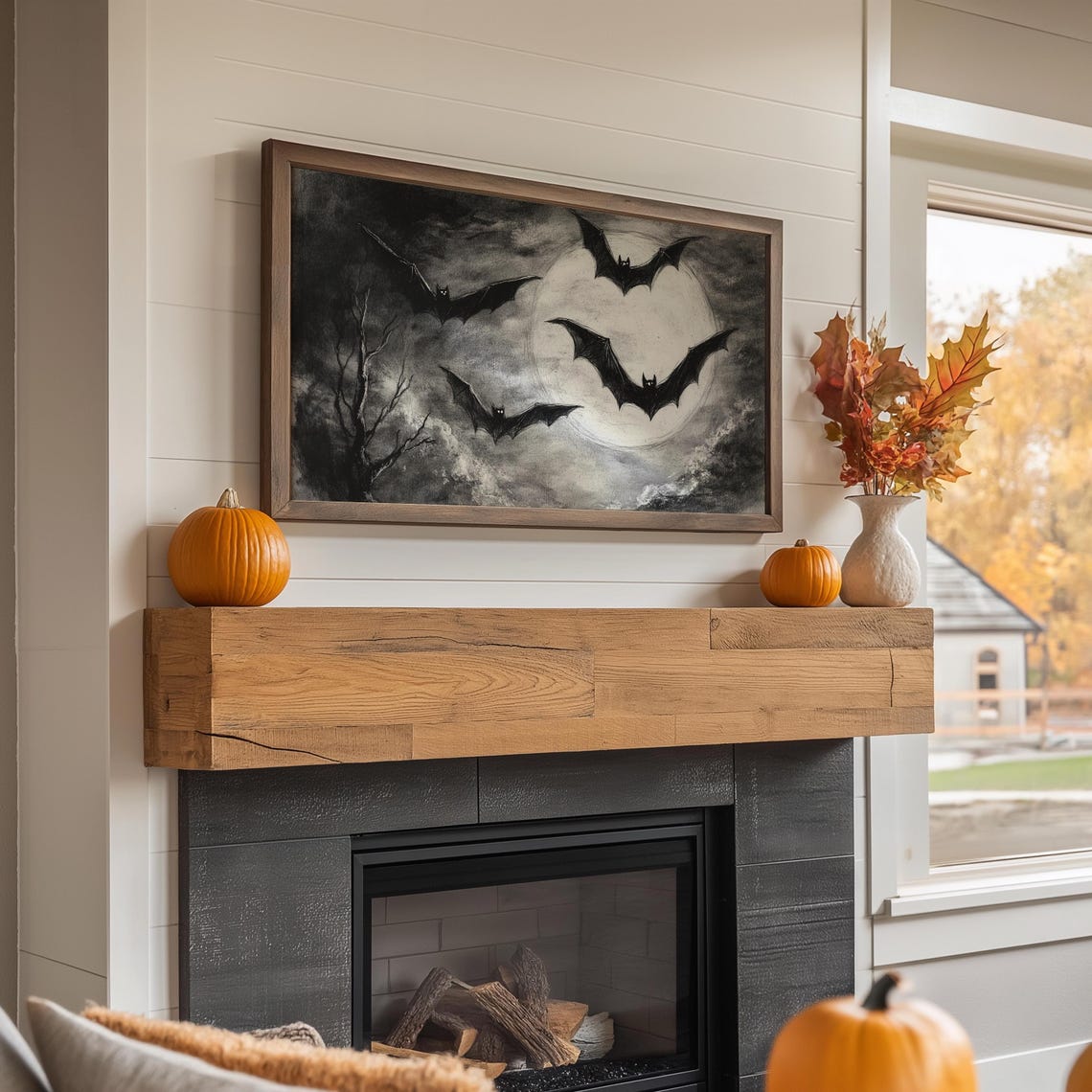 Full Moon Bats Gothic Black and White Halloween TV Art Poster - Image 2