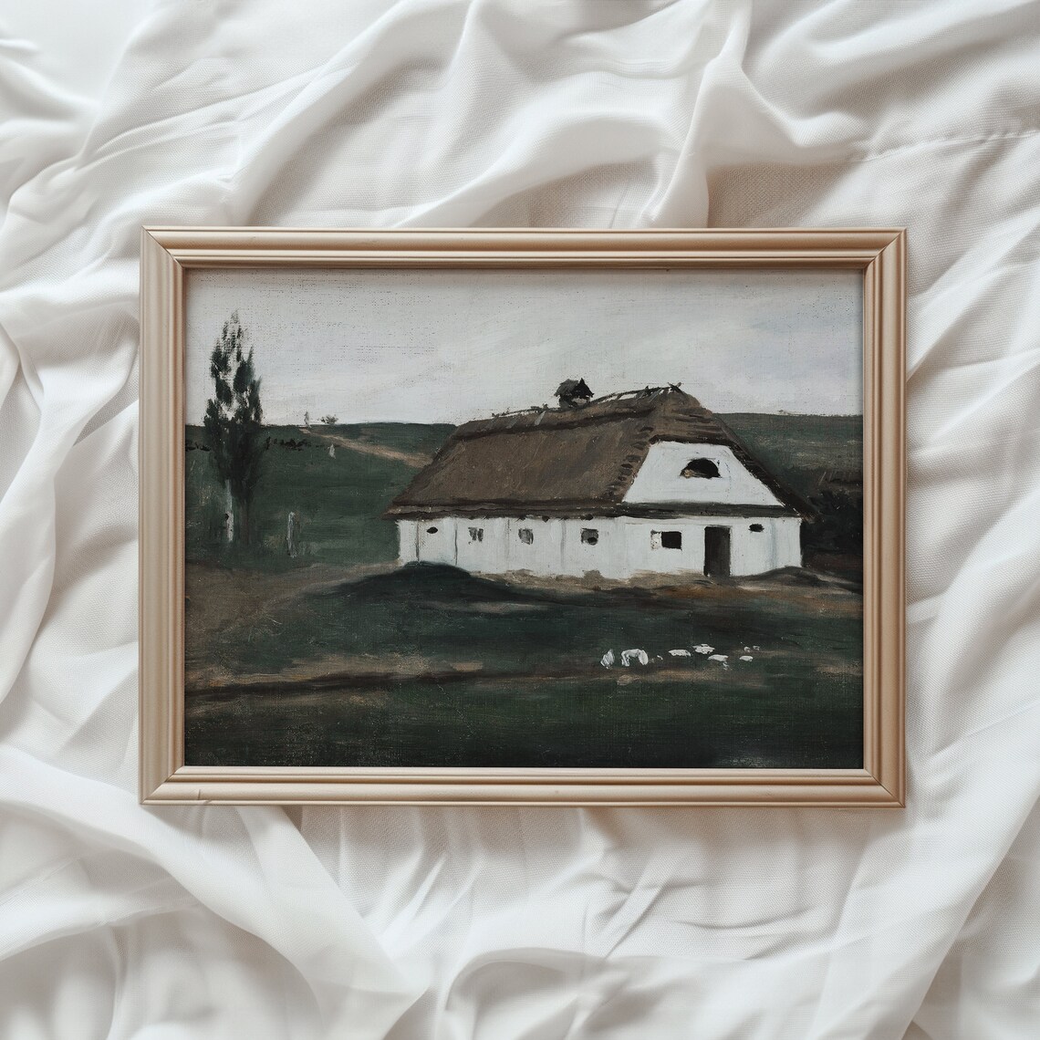 Thatched Cottage Sheep Field Folk Art Landscape Painting Poster
