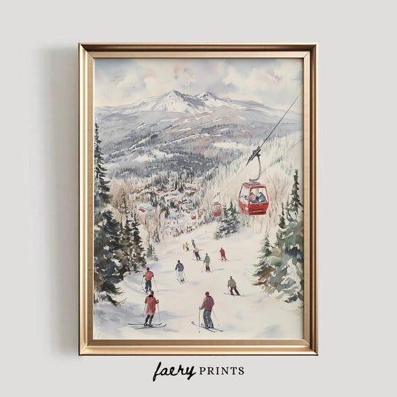 Ski Resort Watercolor Art Print, Vintage Alpine Lodge