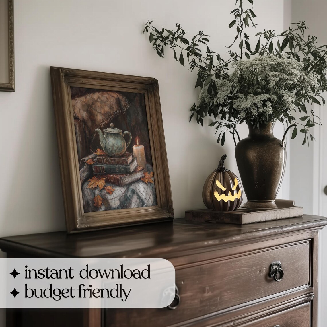 Vintage Teapot on Stack of Old Books with Candle Autumn Still Life Poster - Image 5