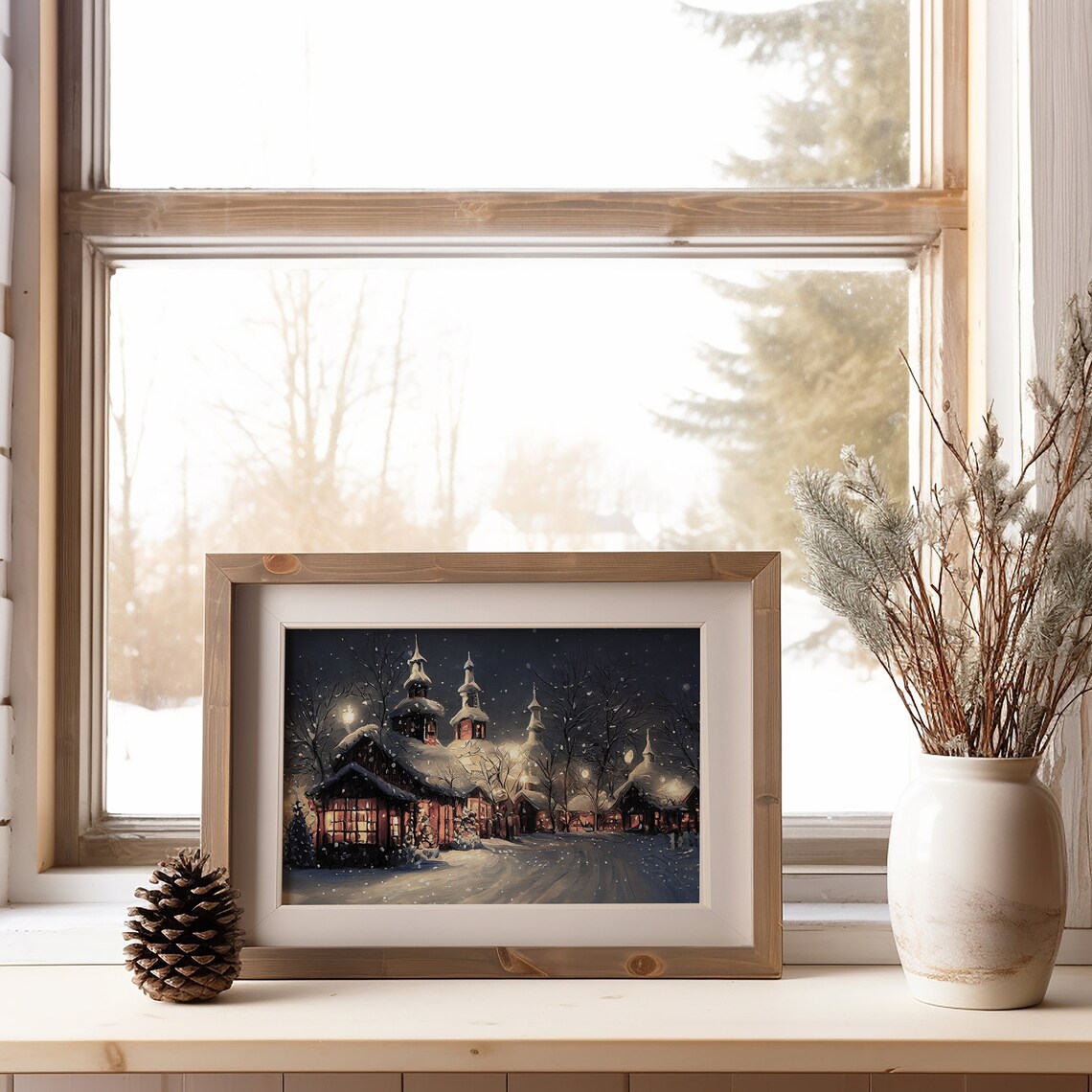 Christmas Village Vintage Winter Evening Art Print - Image 5