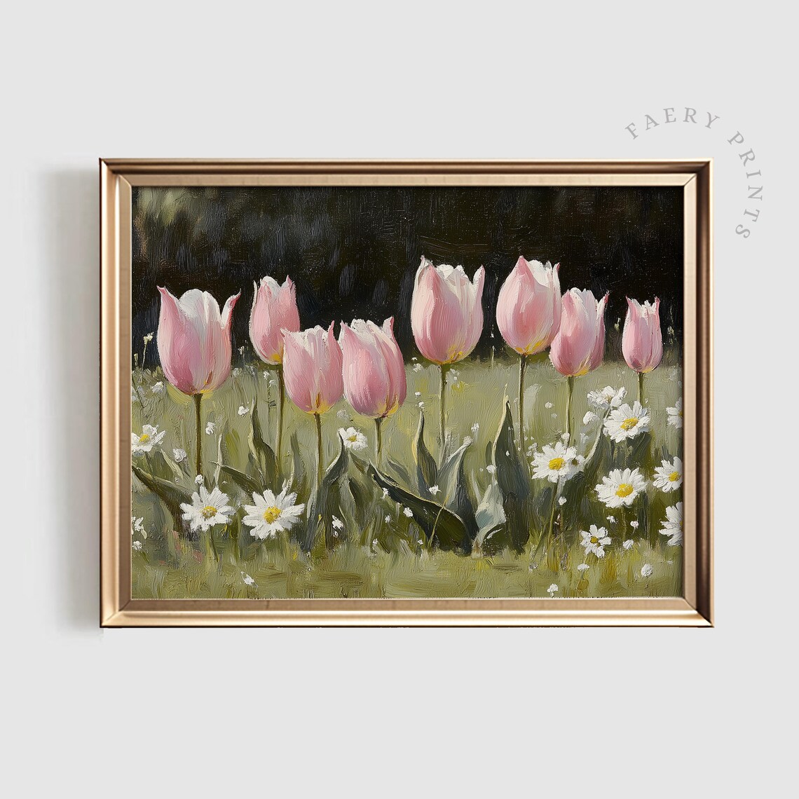 Row of Pink Tulips With White Daisies in Sunny Meadow Art Poster