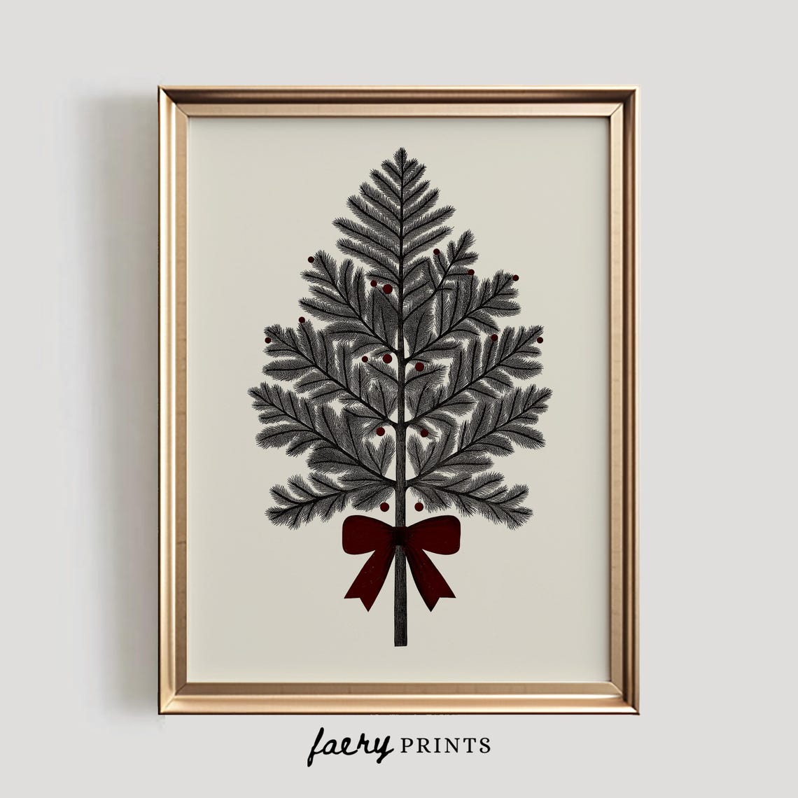 Etched Pine Christmas Tree with Red Bow Botanical Holiday Art Poster - Image 5