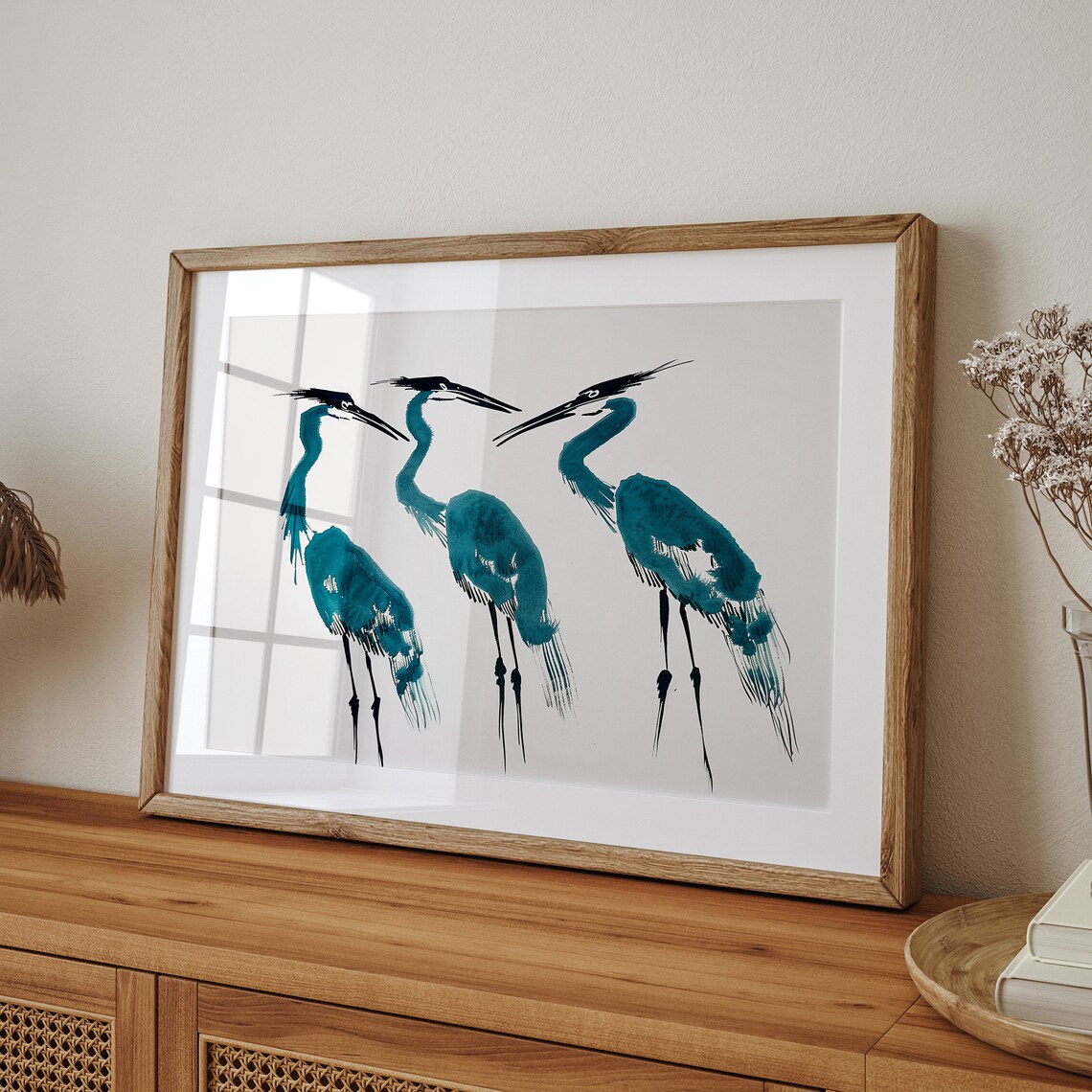 Three Teal Herons Japanese Ink Wash Painting Coastal Bird Art Print