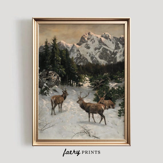 Winter Deer Painting, Vintage Scandinavian Art Print