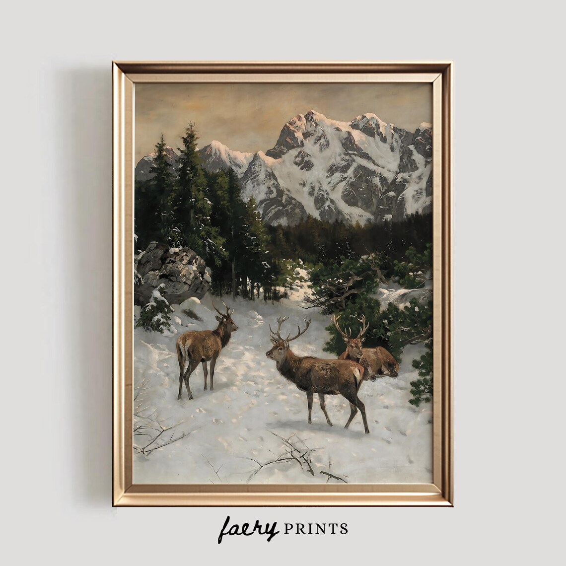 Winter Deer Painting, Vintage Scandinavian Art Print