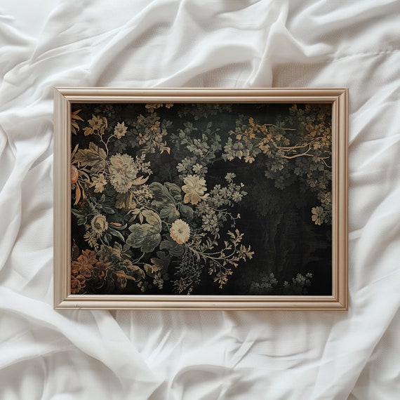 Dark Floral Tapestry Vintage Textile Art Print