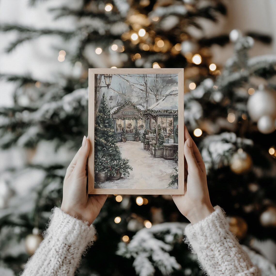Winter Market Scene Art Print, Festive Holiday Decor - Image 3