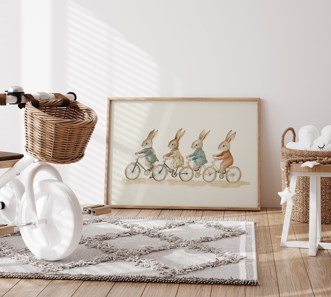 Vintage Nursery Bicycle Bunnies Art Print - Image 2