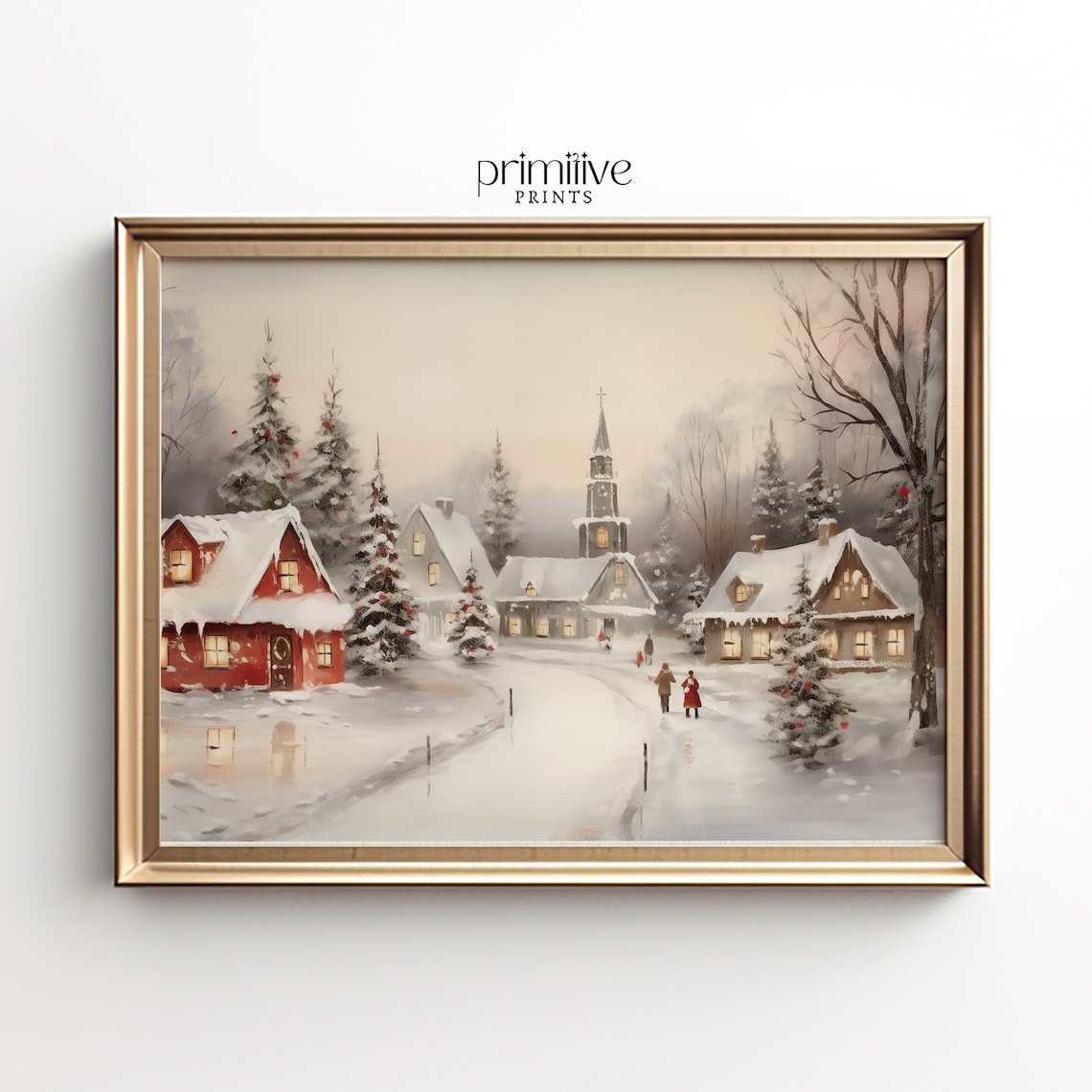 Winter Village Watercolor Christmas Wall Art Print