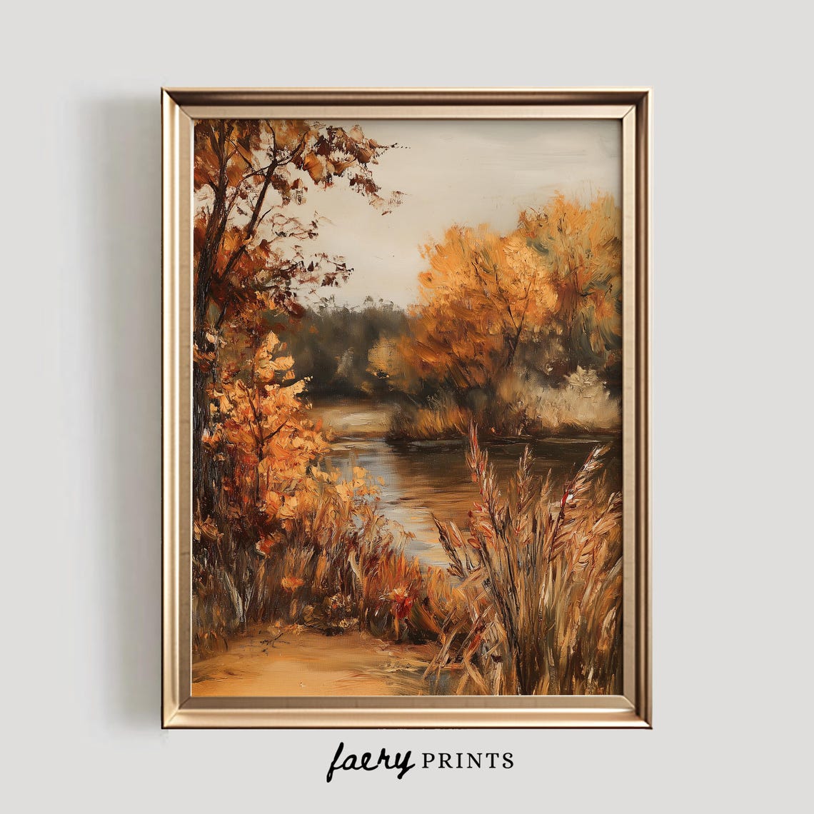 Golden Autumn Trees Along Quiet River Impressionist Landscape Poster