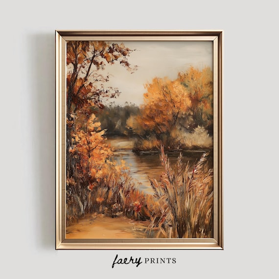 Golden Autumn Trees Along Quiet River Impressionist Landscape Poster
