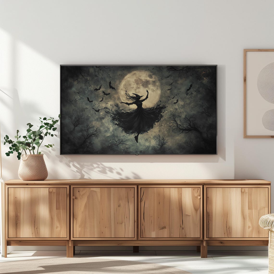 Witch Dancing Full Moon Bats Dark Forest Halloween Night Poster - Image 3