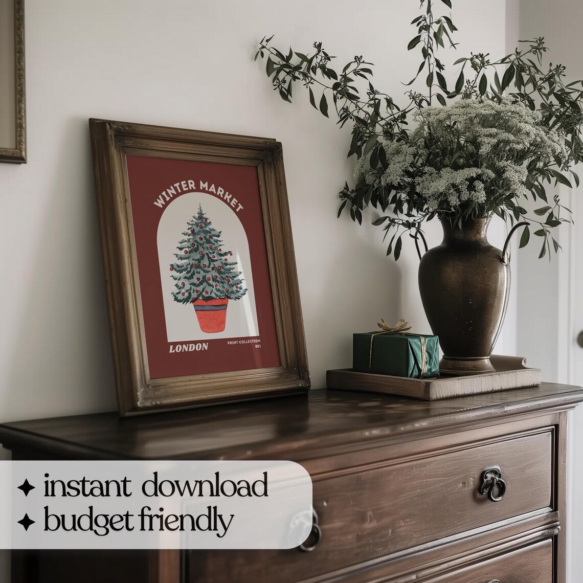 Winter Market London Potted Christmas Tree Watercolor Art Poster - Image 4