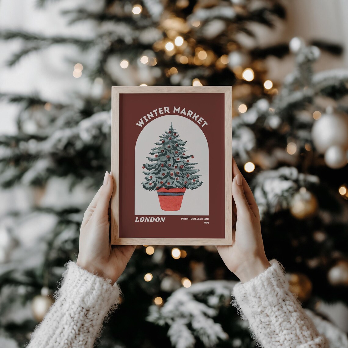 Winter Market London Potted Christmas Tree Watercolor Art Poster - Image 5