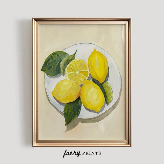 Lemons Art Print Kitchen Lemon Wall Farmhouse Dining Room Painting Yellow 1138