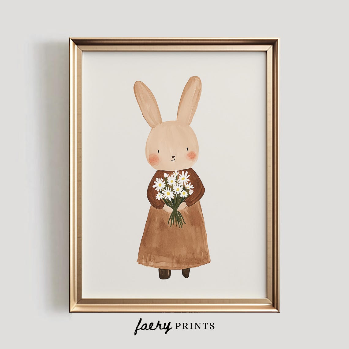 Cute Beige Bunny Girl With Daisies in Oval Frame Nursery Art Poster - Image 5