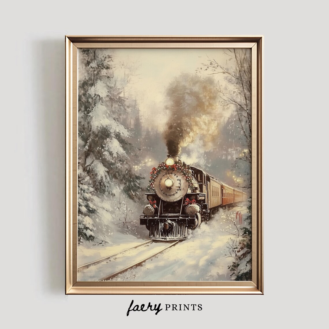Vintage Train In Snow, Winter Holiday Art Print