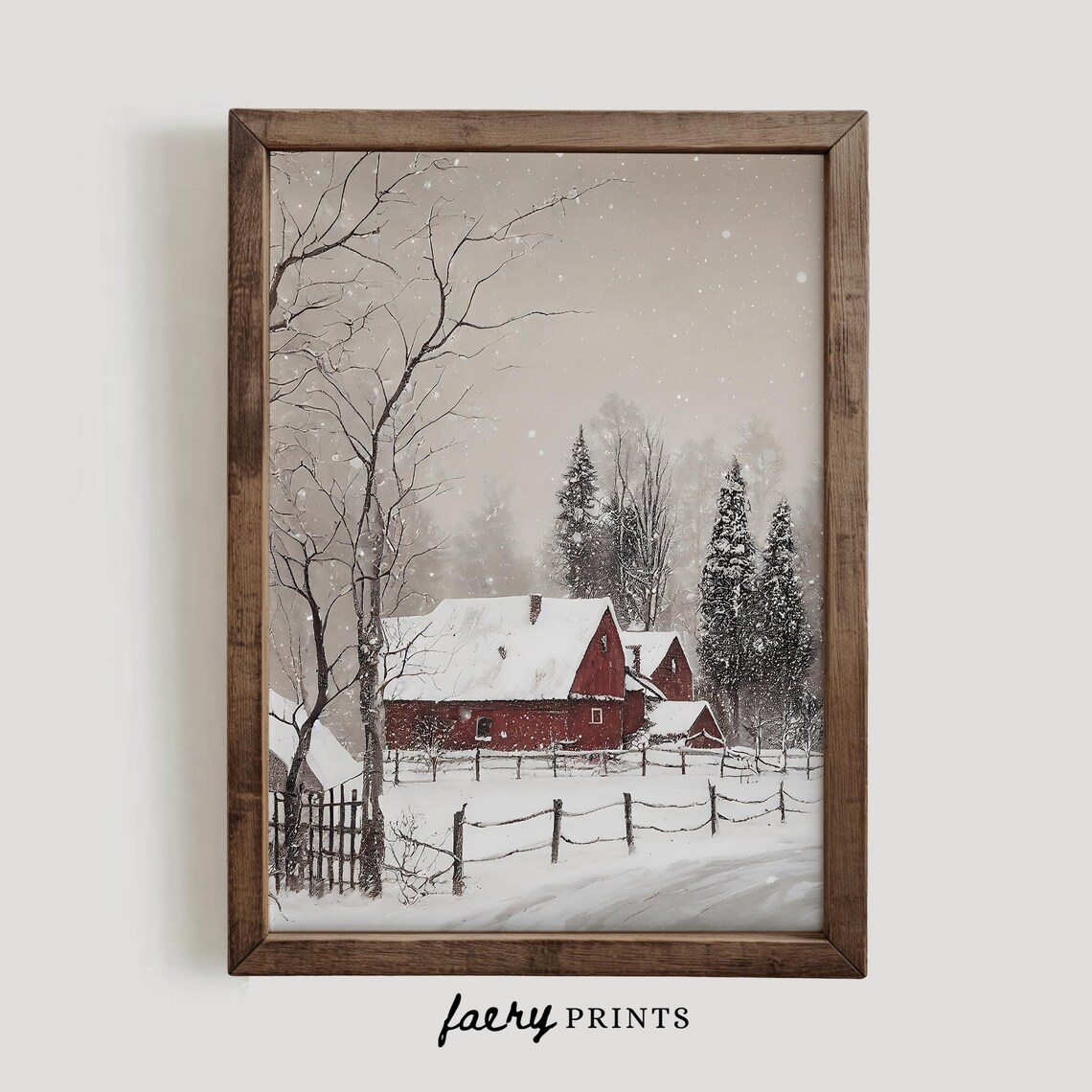 Winter Farmhouse Holiday Art Print, Vintage Red Barn - Image 3