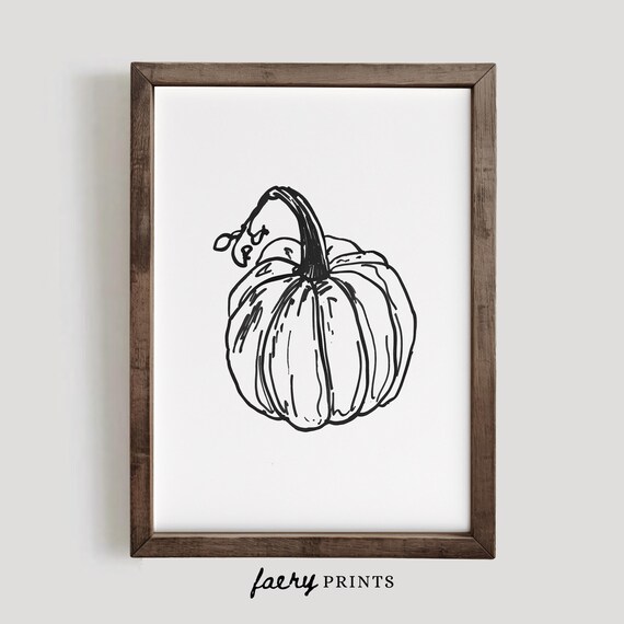 Single Pumpkin Minimalist Black Ink Line Drawing Sketch Art Poster