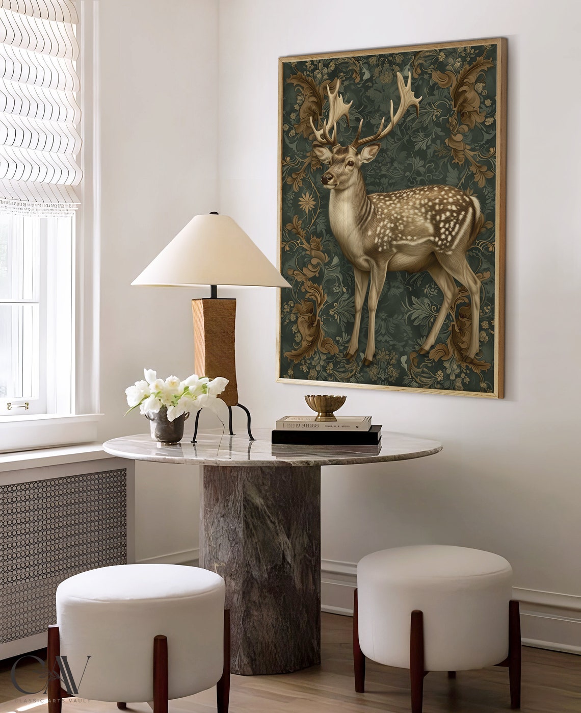 Fallow Deer Stag Full Body Portrait Dark Green Baroque Damask Poster - Image 4
