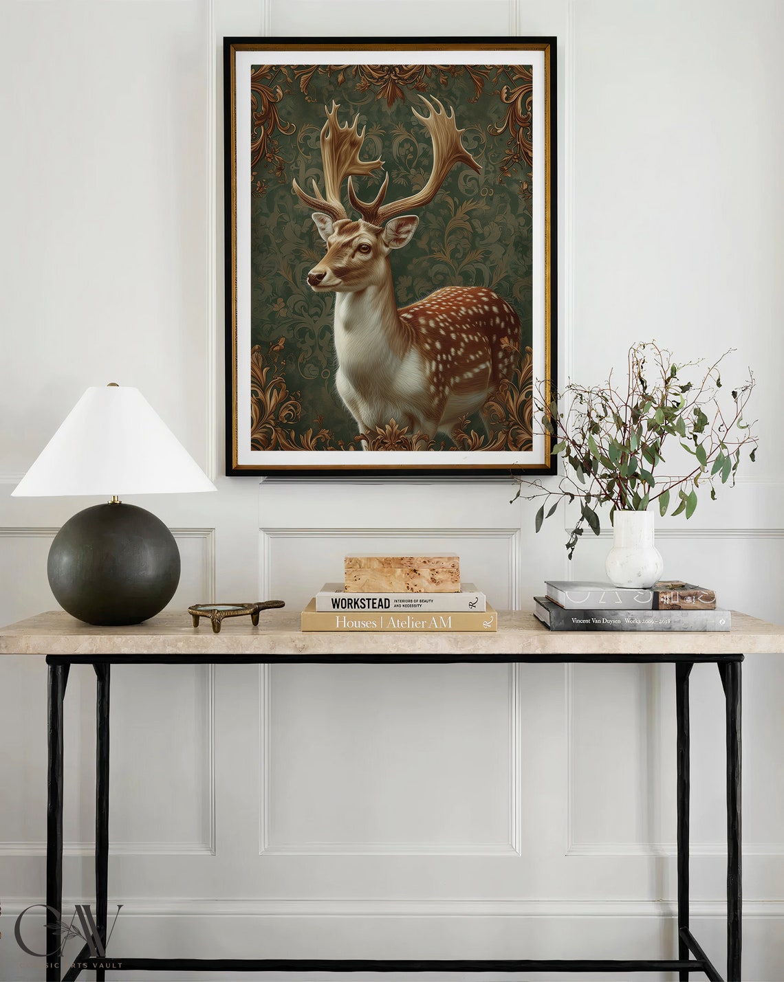 Spotted Deer Stag Portrait on Green Baroque Damask Style Poster - Image 4
