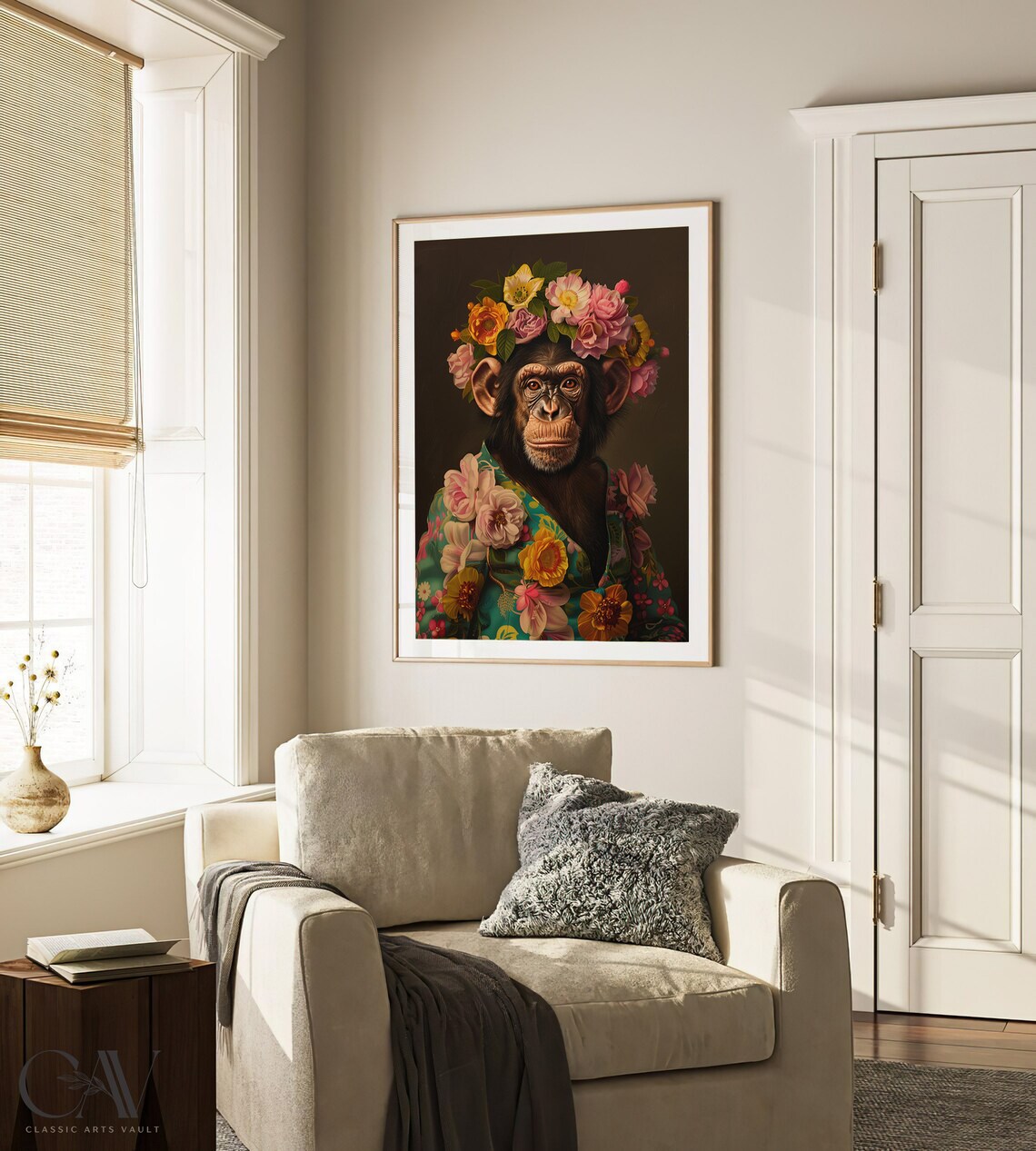 Chimpanzee Flower Crown Maximalist Floral Animal Portrait Wall Art - Image 3