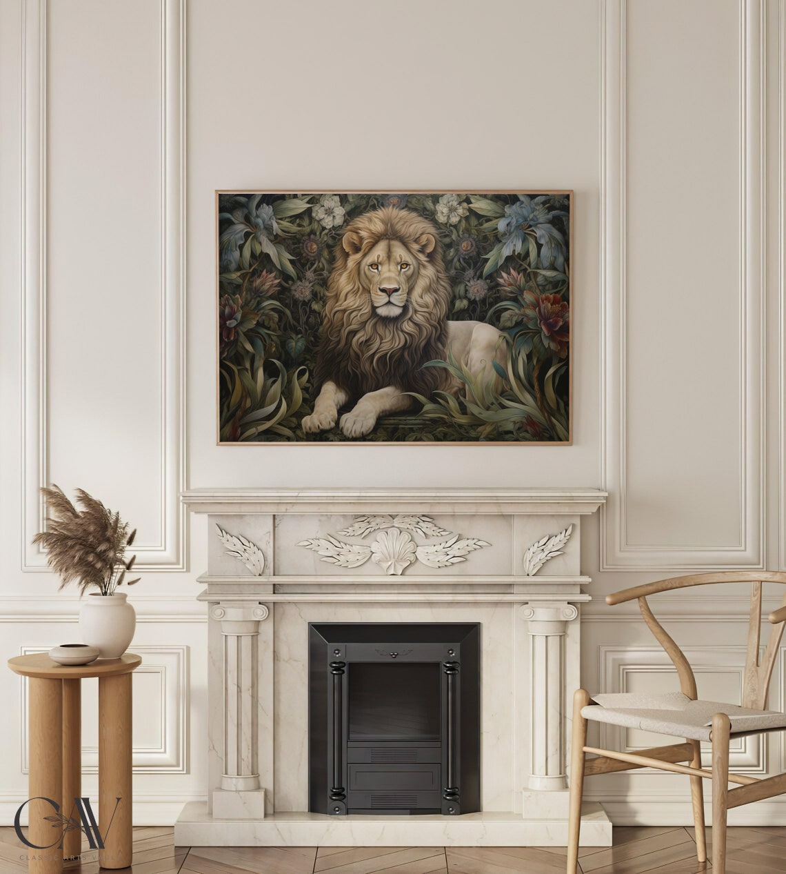 Majestic Lion Resting Among Dark Blooms Vintage Animal Poster - Image 3