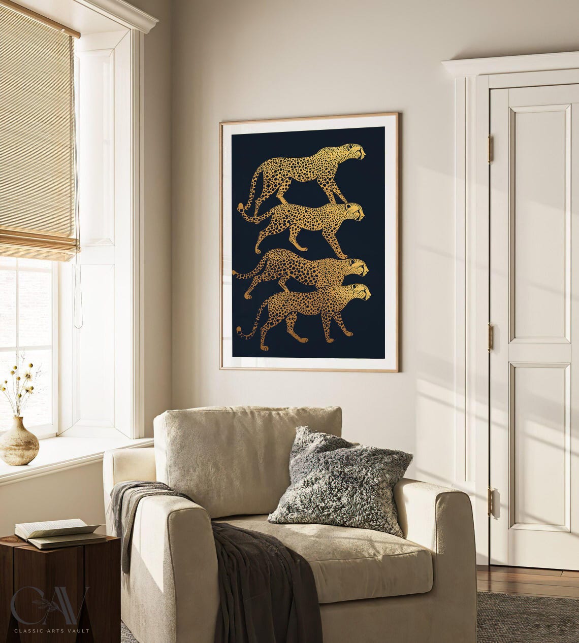 Four Gold Cheetahs Stacked On Black Graphic Safari Art Poster - Image 4