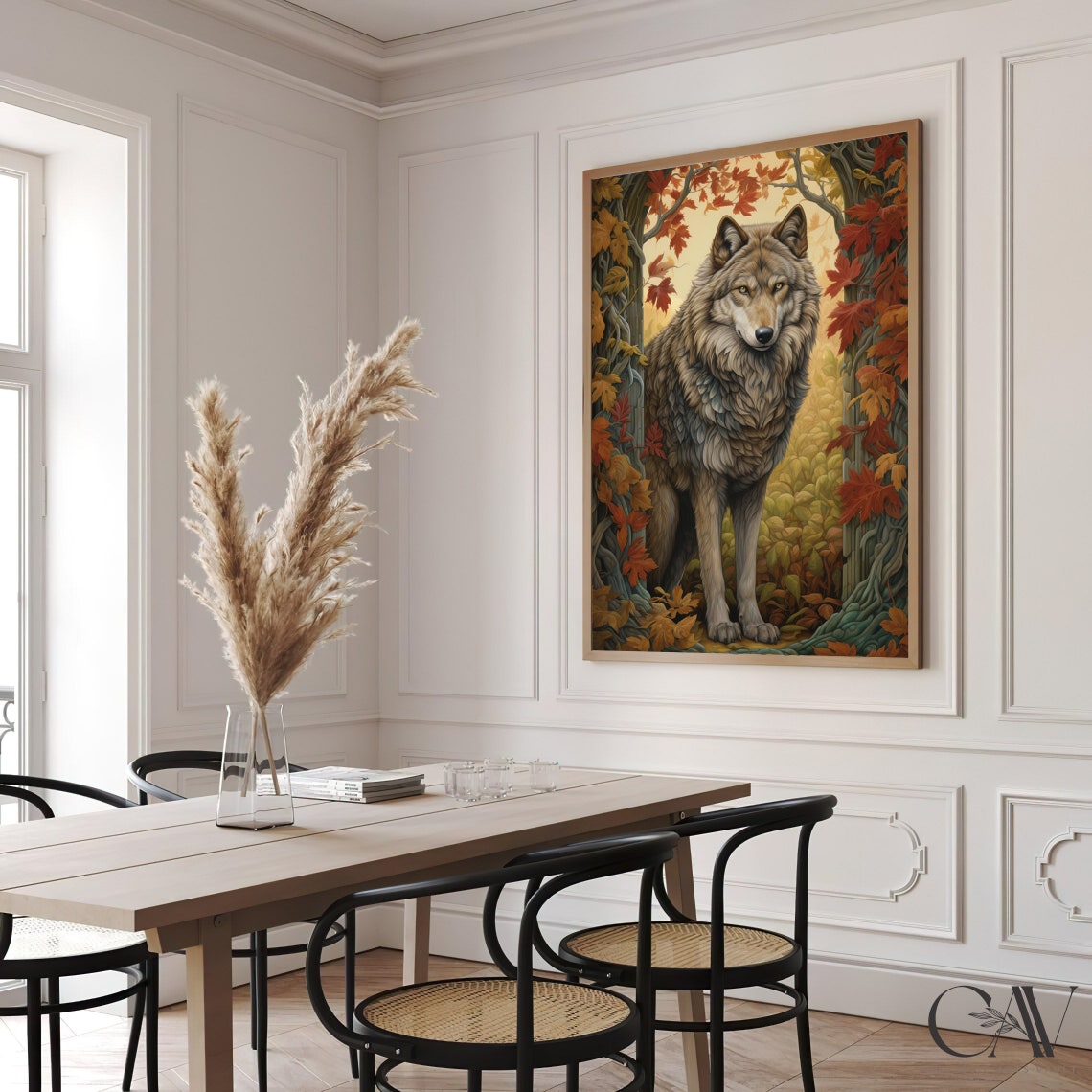 Grey Wolf Portrait Framed by Golden Autumn Maple Leaves Poster - Image 3