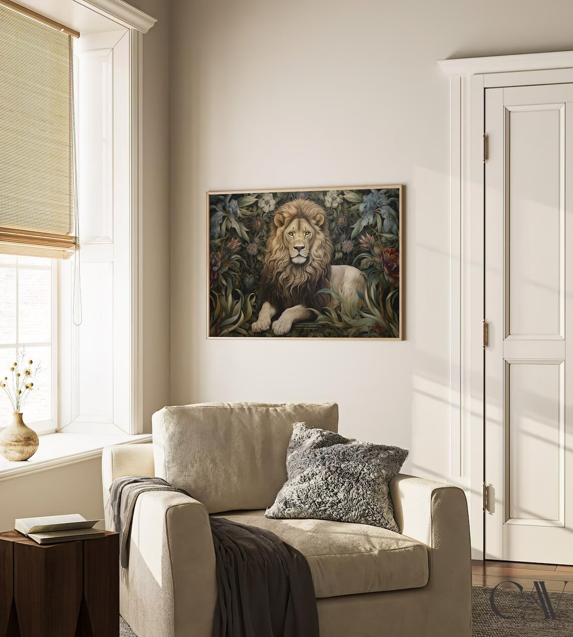 Majestic Lion Resting Among Dark Blooms Vintage Animal Poster - Image 2