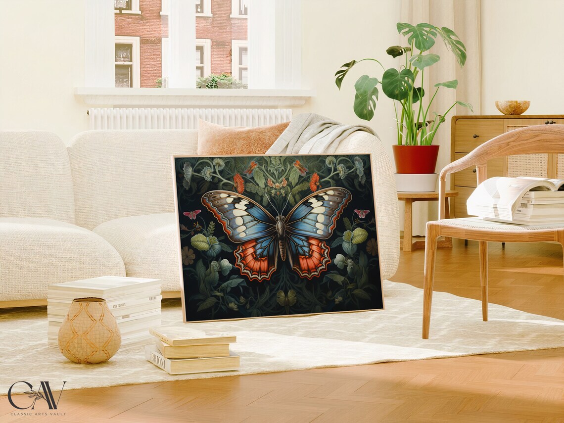 Butterfly Botanical Floral Art Dark Vintage Wall Decor Poster