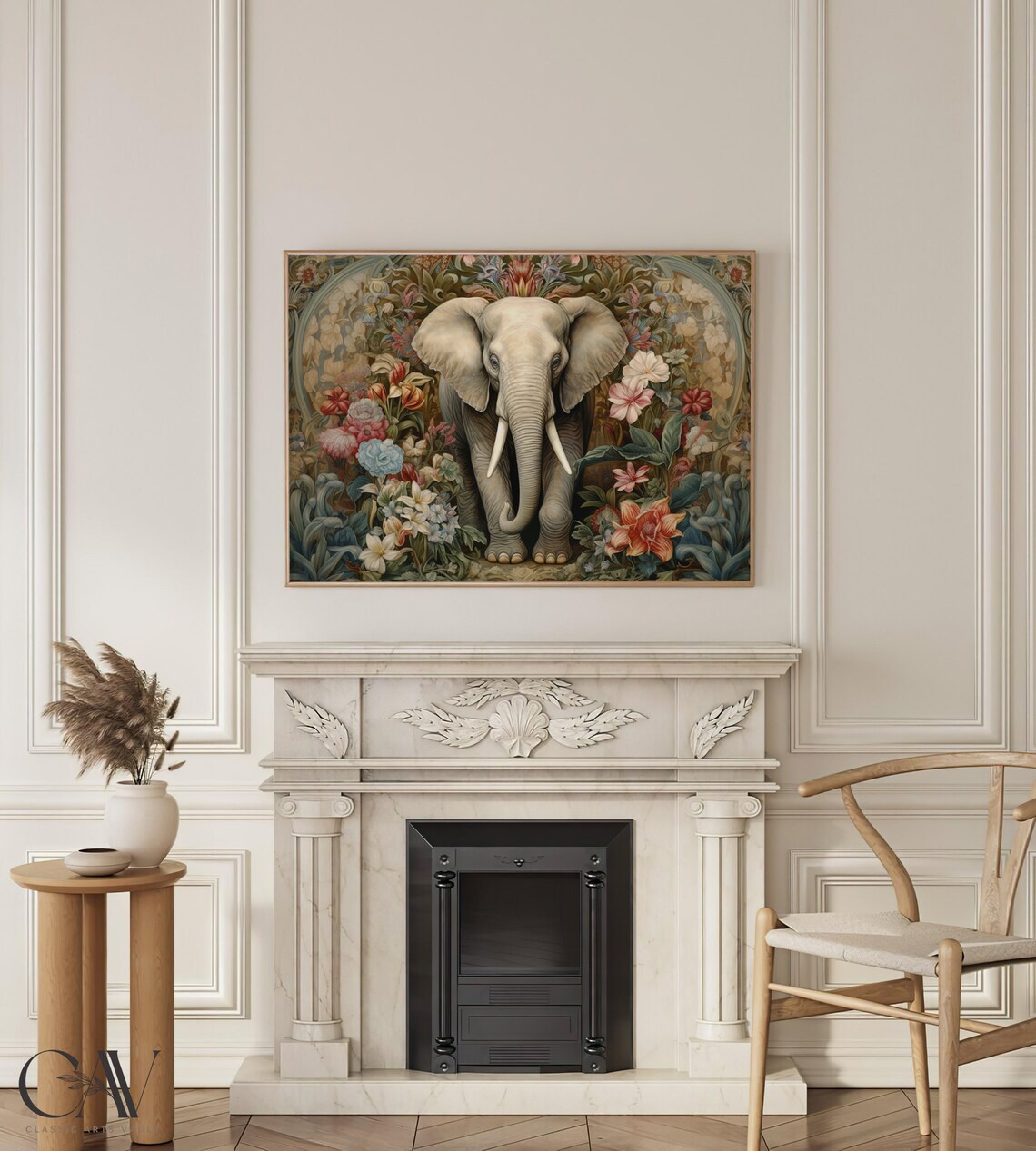 White Elephant Surrounded by Blooming Flowers Lush Botanical Art Poster - Image 4